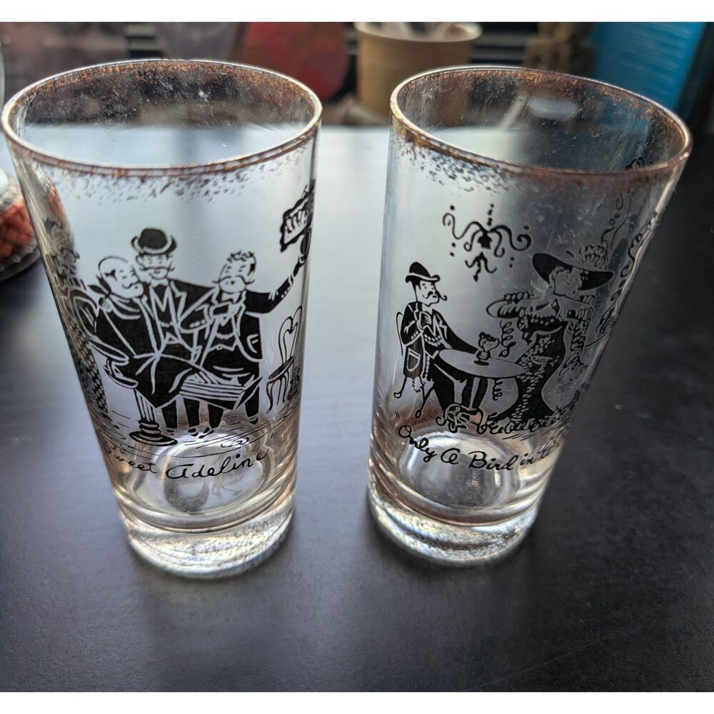 VTG Mid Century Highball Glasses Signed Clement Barbershop Quartet Gay 90s 2